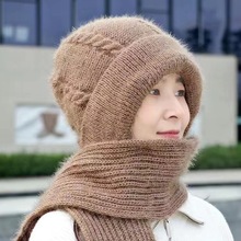 帽子围巾一体加厚保暖帽冬季新款松鼠绒编织毛线针织女士帽网红帽