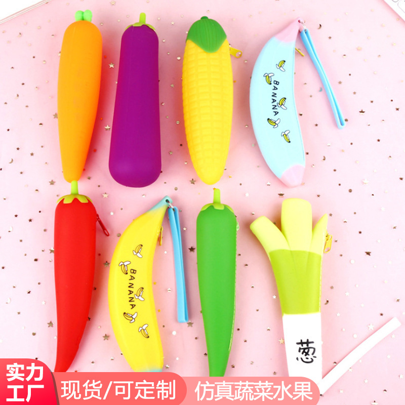 Korean Fashion Creative Simulation Fruits and Vegetables Silicone Pencil Case Cute Cat Claw Fresh Cartoon Large Capacity Stationery Buggy Bag