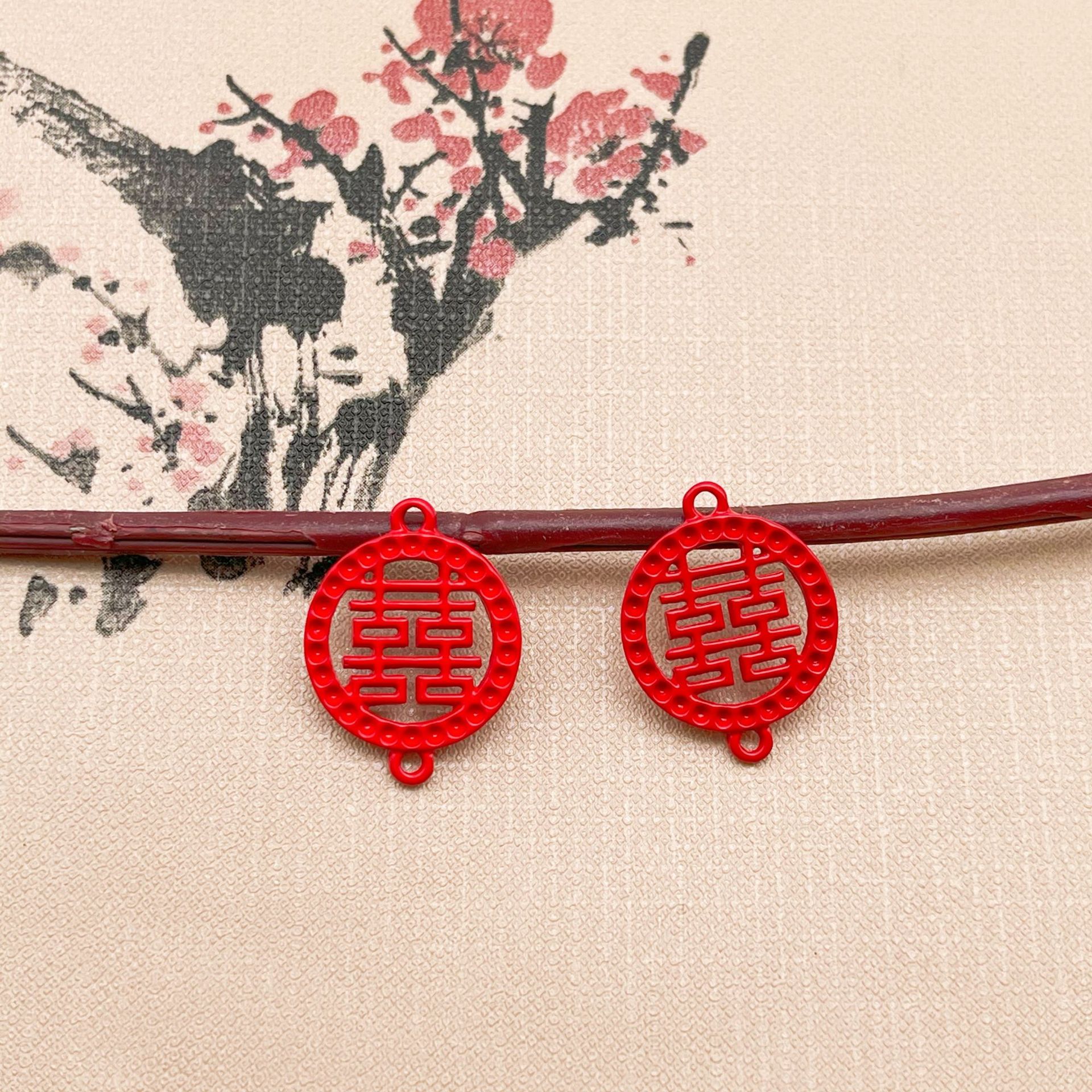 diy古风饰品配件18mm红色喜字合金喷漆古风材料新娘头饰发簪配件