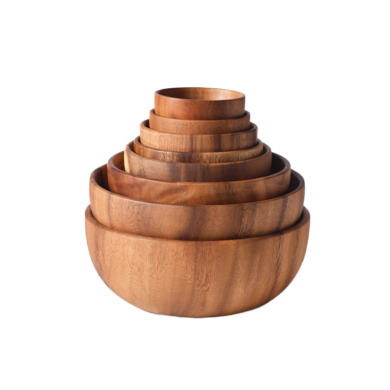 round Wooden Bowl Spot Factory Direct Sales Acacia Mangium Salad Bowl Wooden Creative Rice Bowl Quantity Discounts