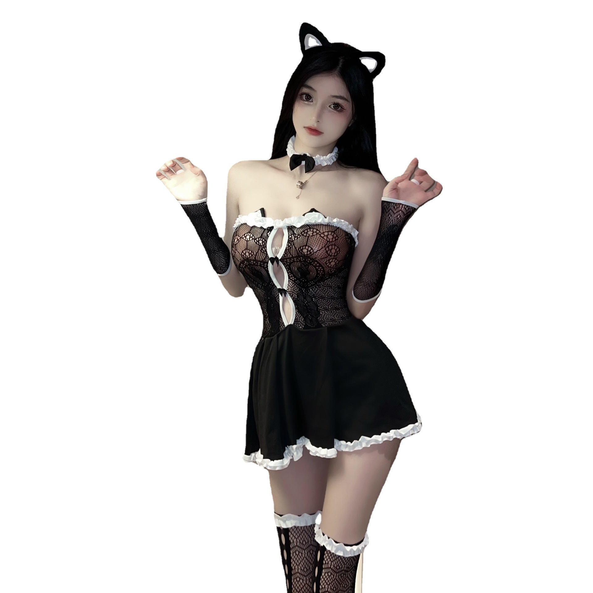 Airu Sexy Lingerie Sexy Charming Hollow-out Tube Top Transparent Tempting Cute Catwoman Dress Suit 5423