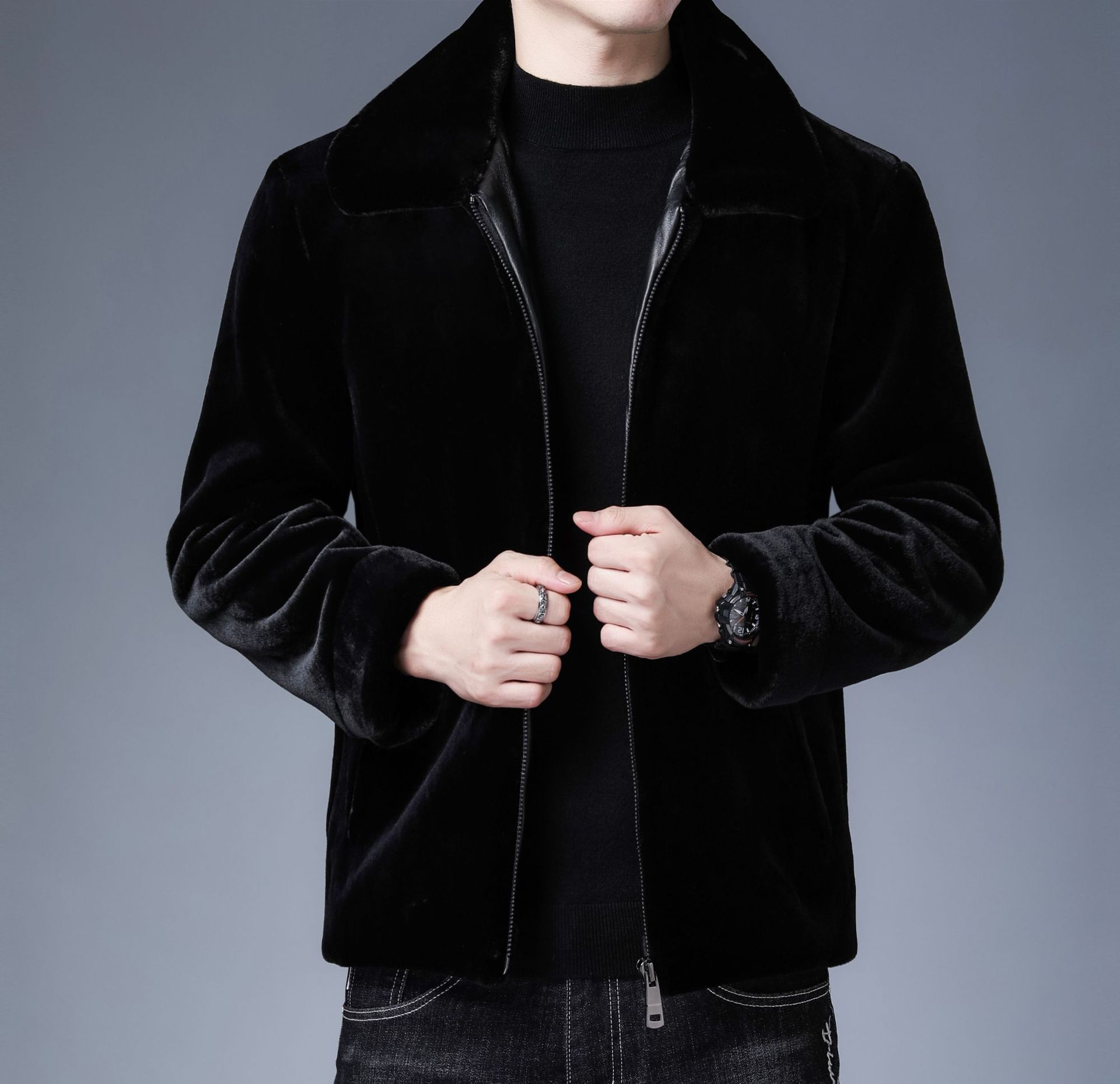 0成交0件男士貂皮外套貂绒皮草大衣水貂毛翻领冬季新款中老年短款修身