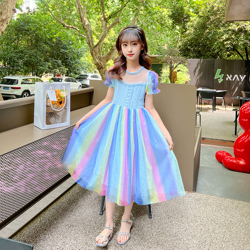 女童连衣裙夏季洋气彩虹裙子小女孩衣服夏天网纱裙儿童短袖公主裙