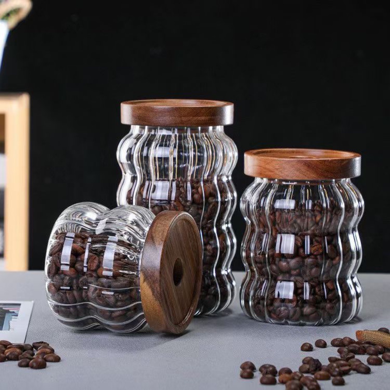 玻璃储物罐套装条纹玻璃相思木盖密封罐咖啡豆储存罐收纳瓶组合