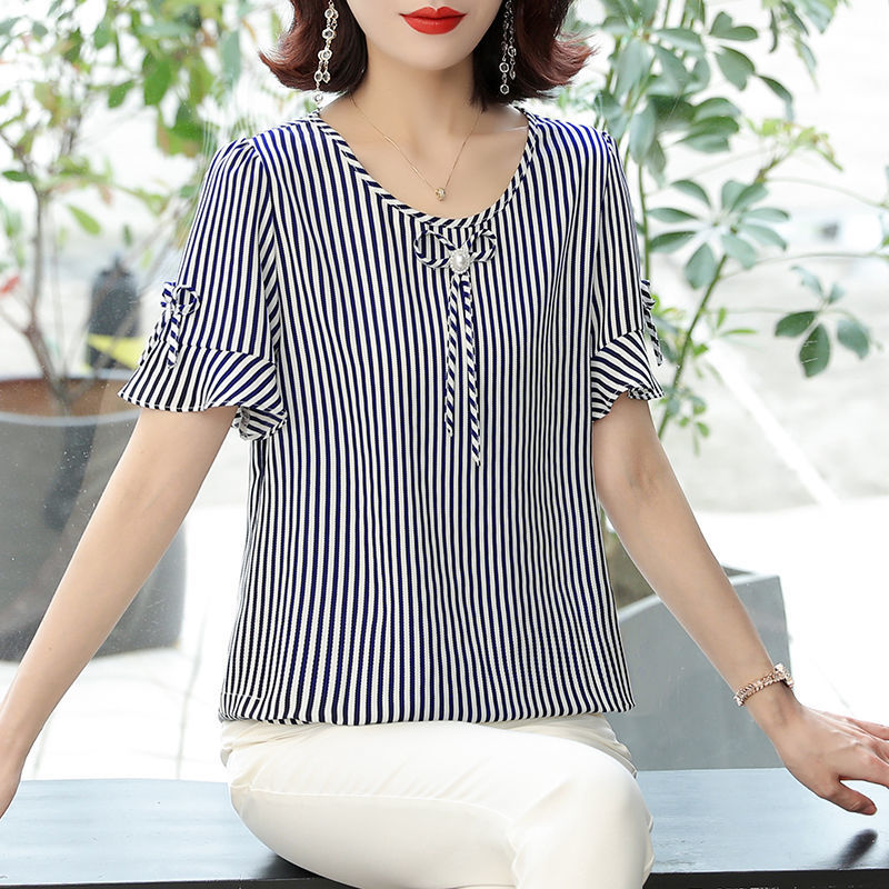 中年妈妈装夏洋气短袖t恤2024新款40岁中老年女时尚条纹雪纺上衣