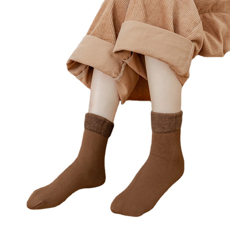 批发山羊绒棉竖条雪地袜家居地板袜男女中筒袜加绒加厚保暖成人