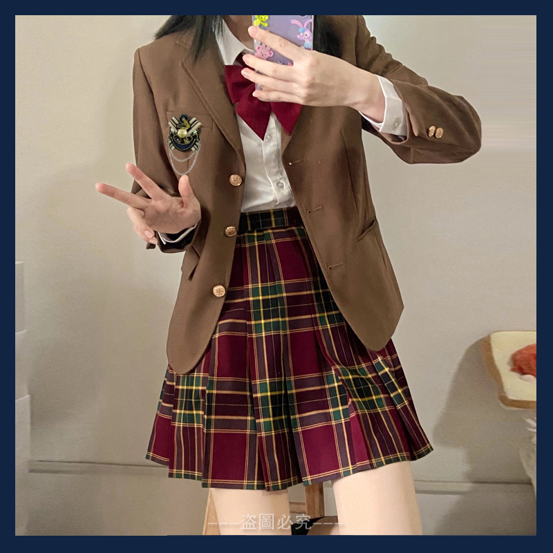 成品布深夜幻境山楂树jk制服裙正版套装黑丝红色格裙夏