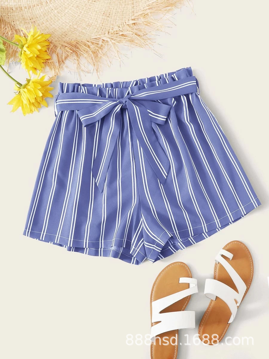 Foreign Trade Original Order European and American Spring and Summer New Amazon Cross-Border Independent Station Foreign Trade Women's Clothing Striped Shorts Chiffon Hot Pants