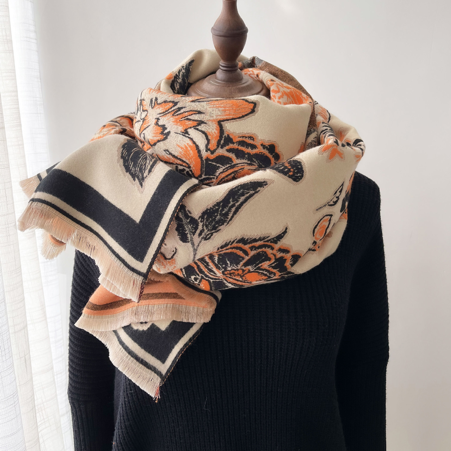 2022年秋冬新款欧美仿羊绒围巾空调房长款外搭披肩双面保暖围脖