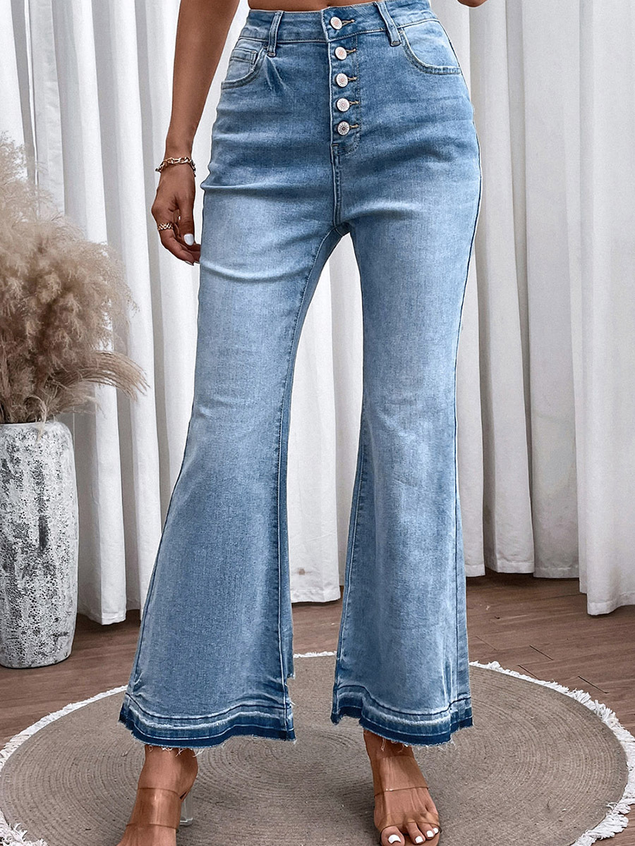 Autumn New Solid Color High Waist Jeans for Women European and American Leisure Versatile Buttons Slim Fit Bell-Bottom Pants Women One Piece Dropshipping