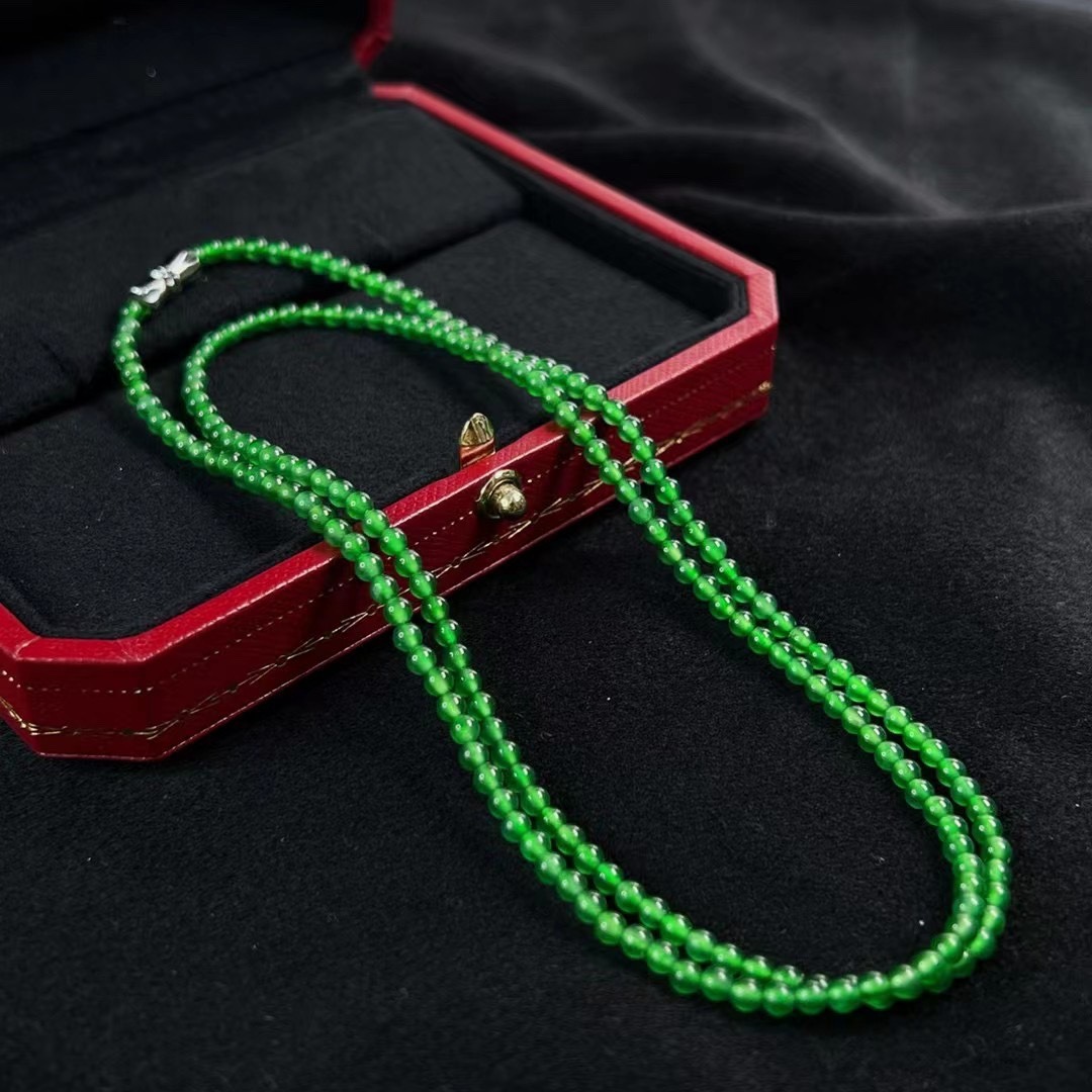 天然a货危地马拉料翡翠项链高冰种阳绿圆珠链满色辣绿小米珠手串