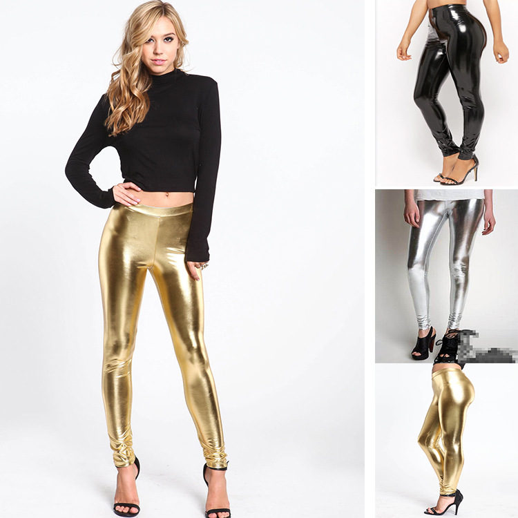 欧美热销sexy leggings 金银亮皮打底裤 九分紧身皮裤 性感机车裤