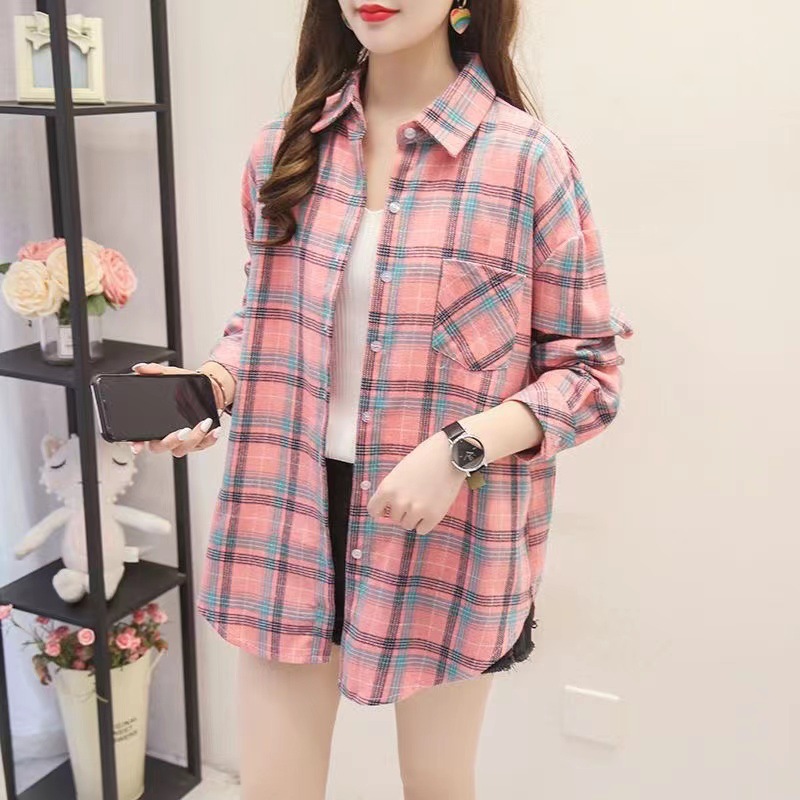 Retro Plaid Shirt Top Women's Spring and Summer Design Sense Niche Long-Sleeved Jacket Loose Polo Shirt Shirt Ins Fashion