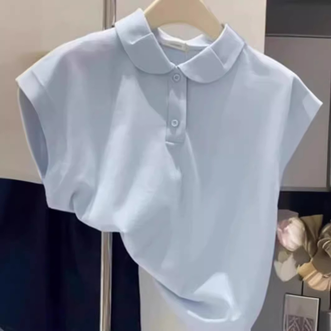 Blue Flying Sleeve Shoulder Short-Sleeved T-shirt Women's Summer 2024 New Preppy Style Loose Polo Collar Short Top