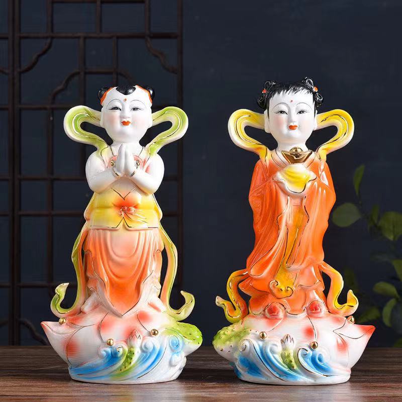 心意陶瓷佛像-善财童子龙女一对佛像摆件金童玉女佛像批发零售