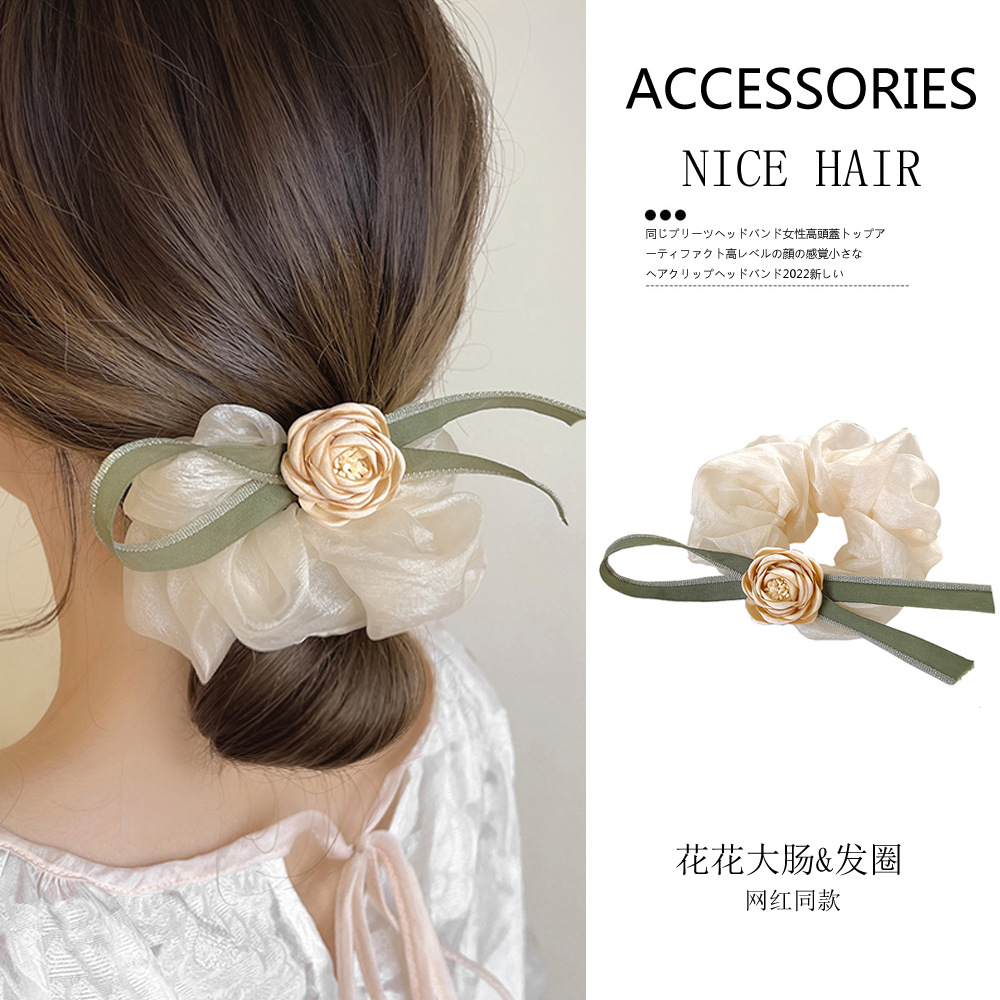 MIZI Organza Camellia Large Intestine Ring Korean Style Elastic Pink Elegant Women's Hair Volume Multi-Fold hair accessories.