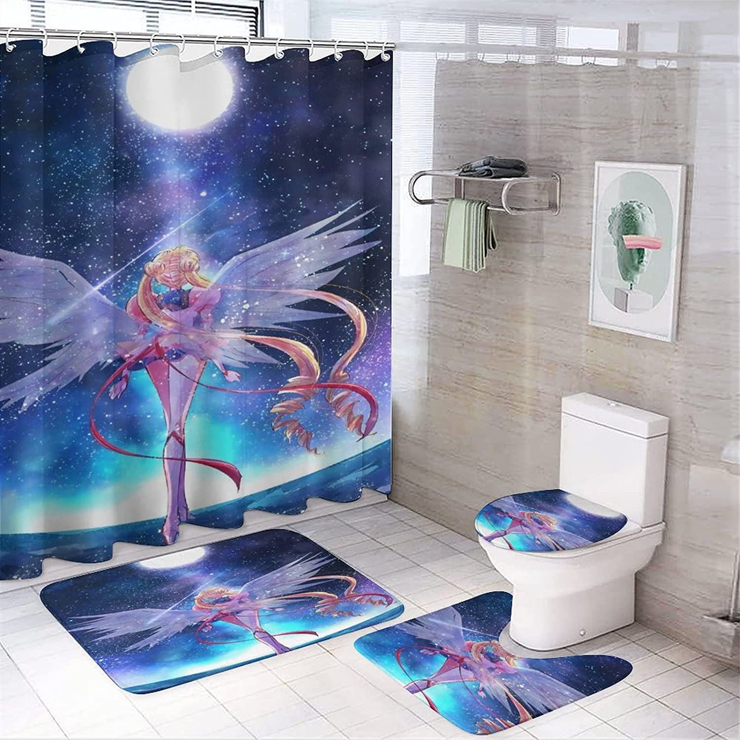 Amazon Cross-Border Beautiful Girl Shower Curtain Four-Piece Waterproof Shower Curtain Carpet Non-Slip Mat Toilet Mat Floor Mat Set