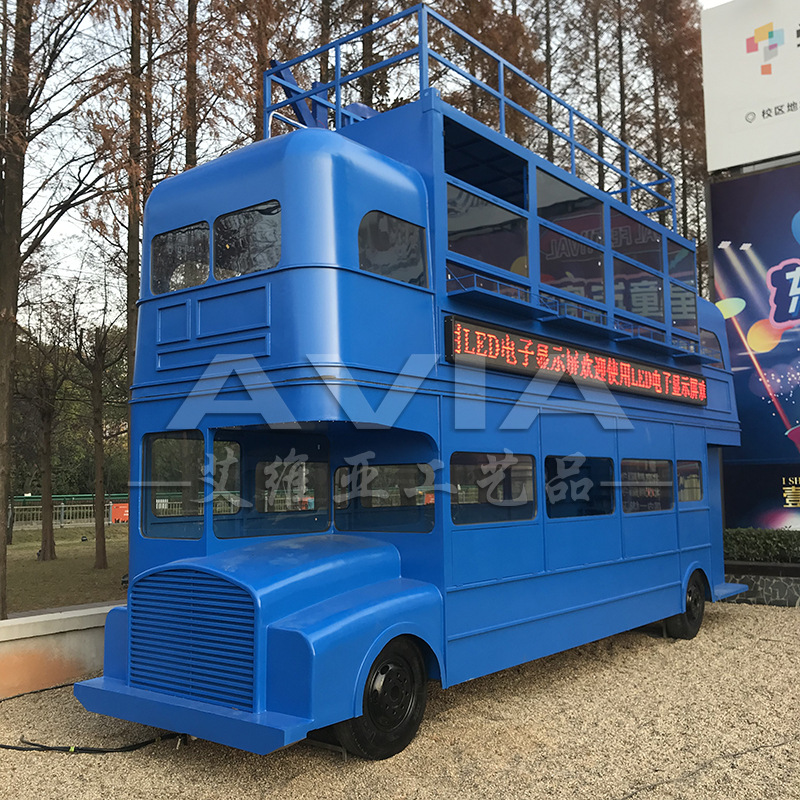 复古英伦双层巴士餐车移动功能餐厅售货大巴车商用美陈装饰道具车