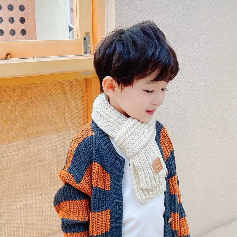 INS Korean Style Children's Knitted Scarf Winter Pure Color Warm Keeping Wool Infant Boys and Girls Korean Baby Bib Tide