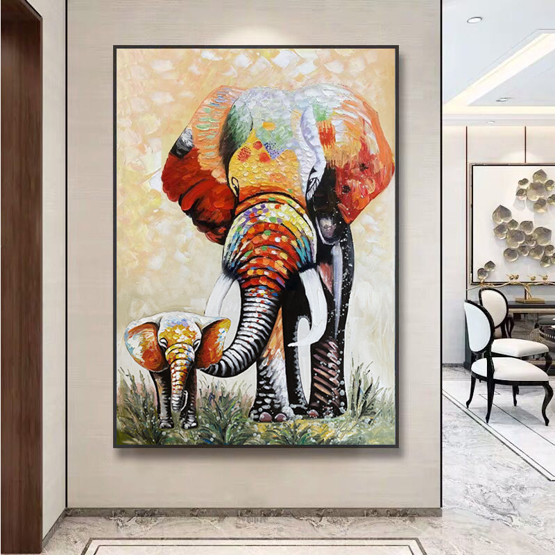 客厅玄关装饰画走廊挂画现代简约入户过道竖版壁画手绘大象装饰画