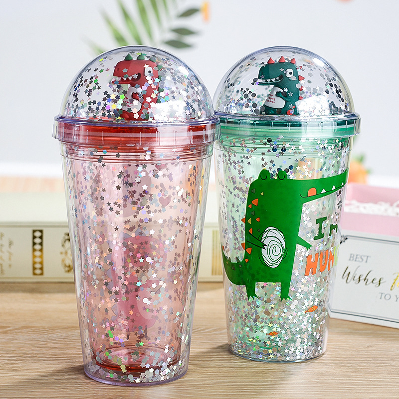 New Creative Dinosaur Double Plastic Straw Cup Good-looking Student Summer Ice Cup Cute Children Gift Cup
