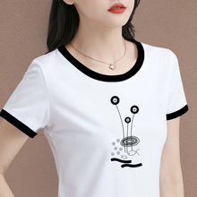 纯棉短袖t恤女夏装新款黑白撞色宽松上衣圆领大码显瘦半袖体恤衫