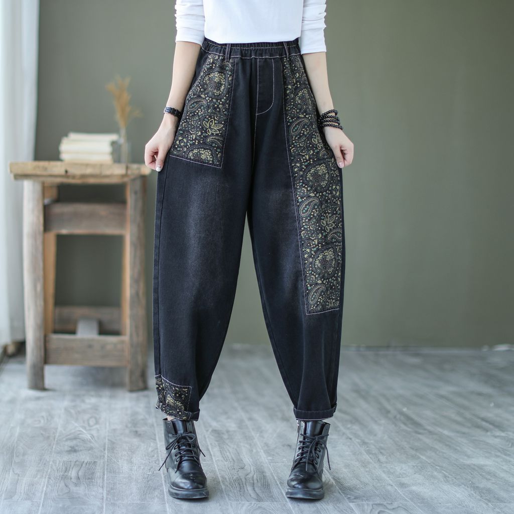 复古小清新贴布印花灯笼裤宽松显瘦工装黑色牛仔哈伦束脚裤女 秋