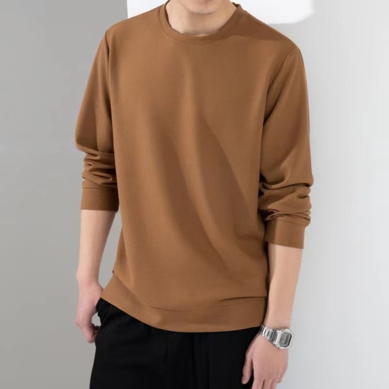 Spring and Autumn Men's Long-Sleeved round Collar Sweater High Quality Waffle Stretch Slim Bottoming Shirt Men's Top One Piece Dropshipping