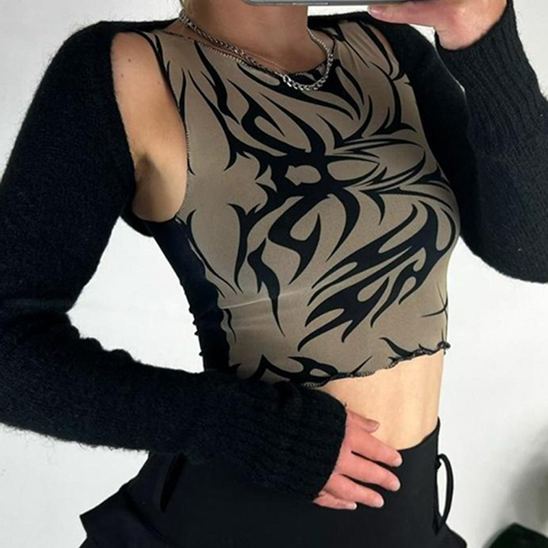 暗黑风复古荆棘印花木耳边无袖背心女 美式短款修身撞色露脐上衣