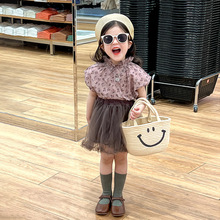 韩版童装2023春季新款洋气甜美碎花背心时髦潮范棕色蓬蓬裙两件套