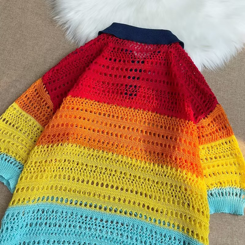 American Retro Loose Design Top 2023 Summer Colorful Striped Contrast Color Hollow Polo Knitwear Short Sleeve Men