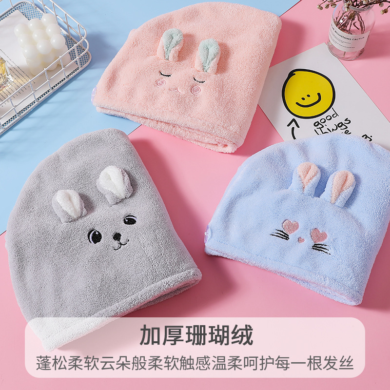 Wholesale Coral Fleece Thickened Women's Hair Towel Cartoon Embroidery Edging Hair-Drying Towel Quick-Drying Absorbent Hair Drying Cap