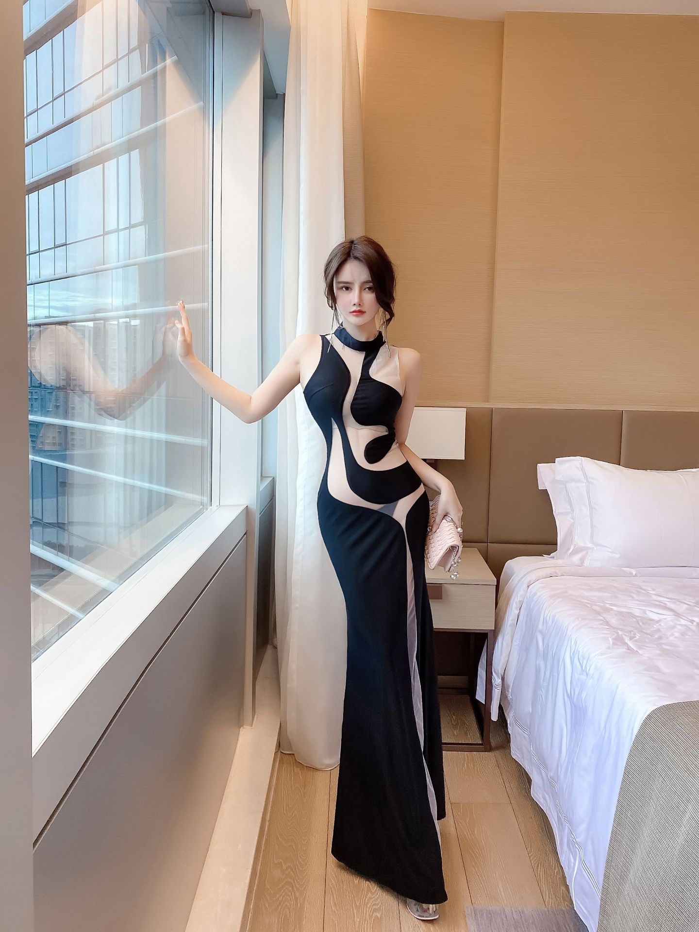 气质名媛夜店连衣裙性感网纱拼接鱼尾镂空长款晚礼服佳丽工装裙