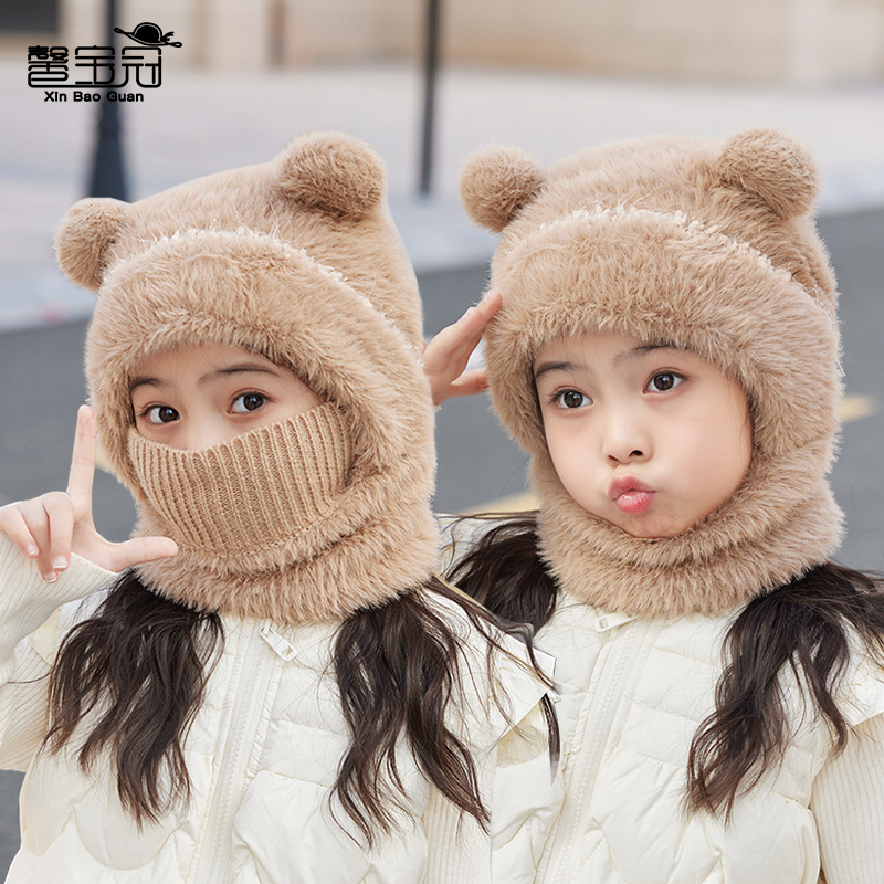 children‘s hat winter cute plush scarf mask one-piece hat thermal and windproof earflaps slipover knitted woolen cap