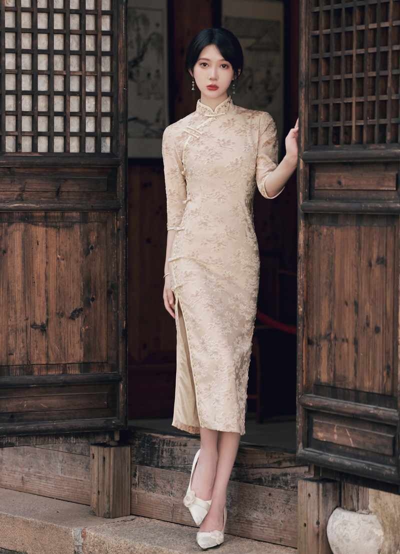 秋季改良新款针织提花长旗袍 优雅气质复古风少女年轻款时尚旗袍