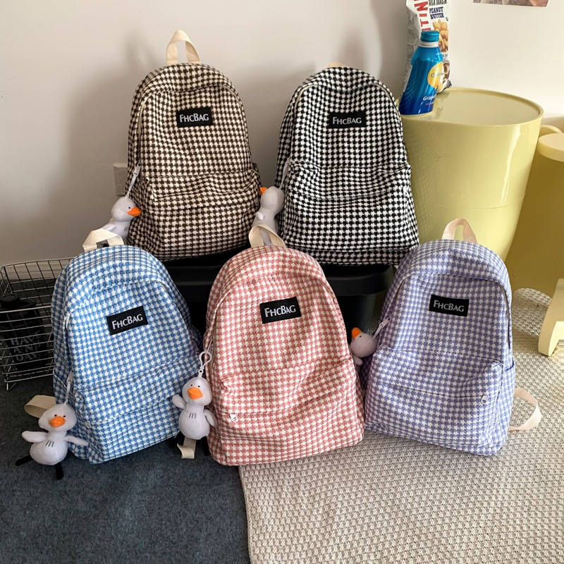 2023新款日系ins复古千鸟格双肩包女 高中学生书包大容量旅行背包