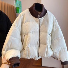 欧货设计感小众宽松针织立领羽绒服女冬季2023新款撞色白鸭绒外套