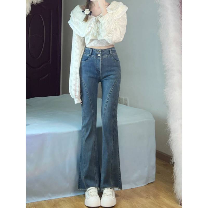 Design Skinny Jeans Women's Autumn and Winter New American Retro Slim Stretch Horseshoe Pants High Waist Flared Pants