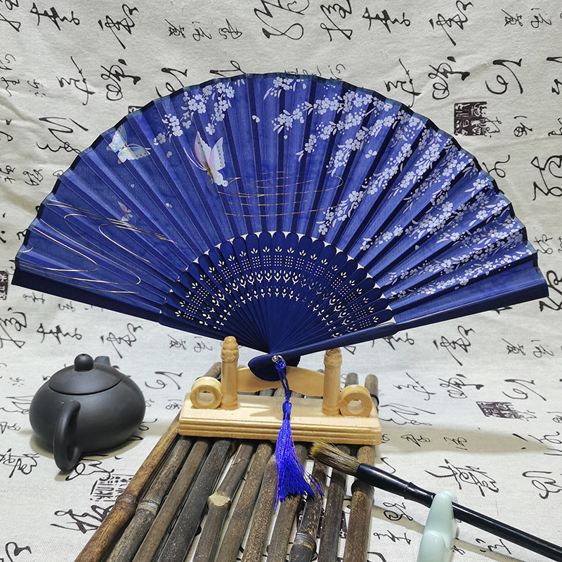 Japanese Folding Fan Antique Chinese Ancient Style Medium Long Handle Raw Silk Fan Craft Gift Ladies Dance Fan Factory Wholesale