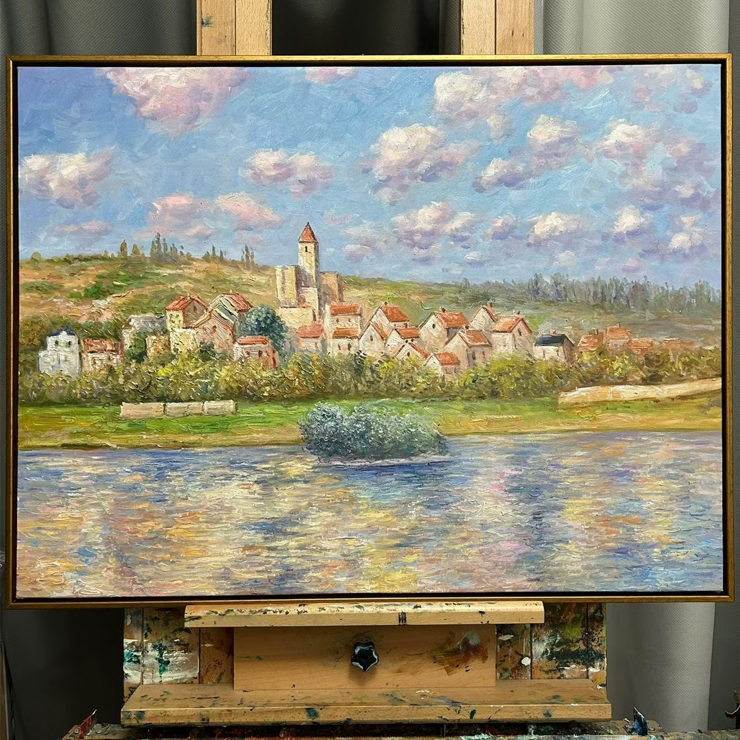 纯手绘油画临摹莫奈夏日的维特尼小镇印象风景画大风油画村挂画