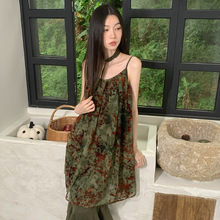 现货实拍新中式绿色植绒拼接鱼尾连衣裙夏季吊带裙长裙