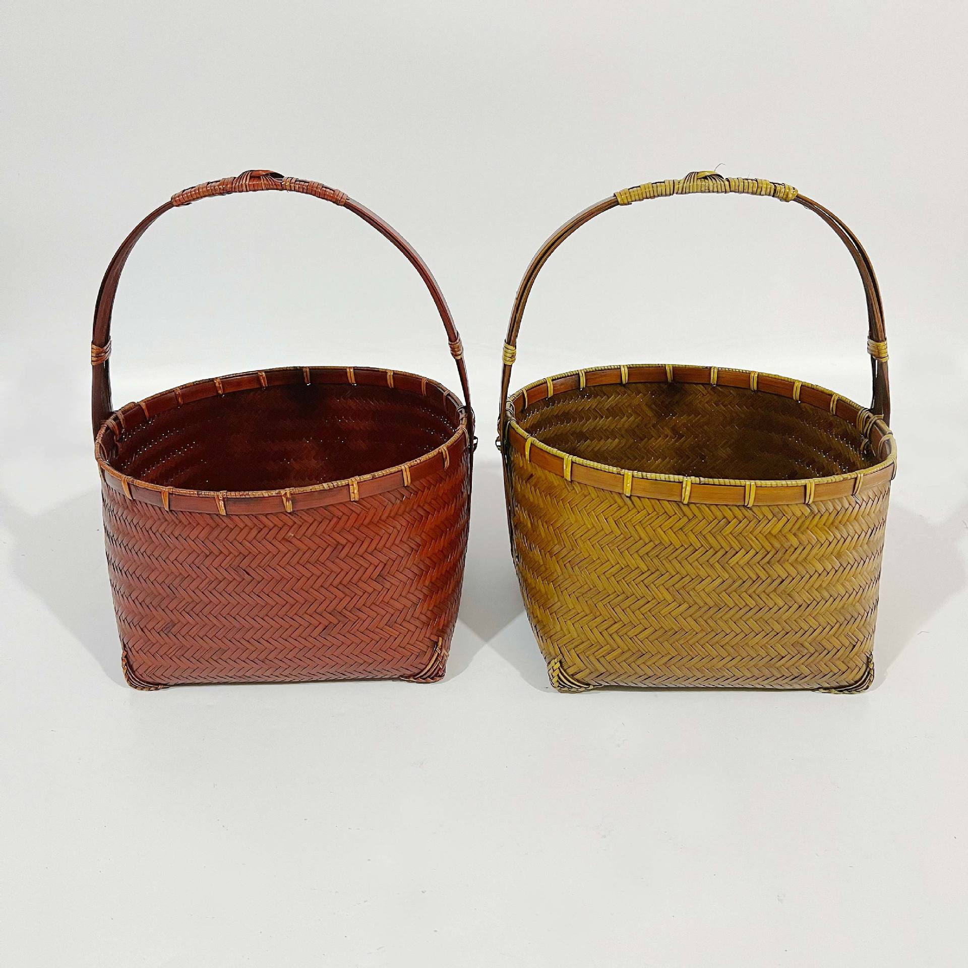 中式竹编圆口小提篮 茶具收纳篮 野餐竹筐 无盖做旧箩筐 茶室收纳