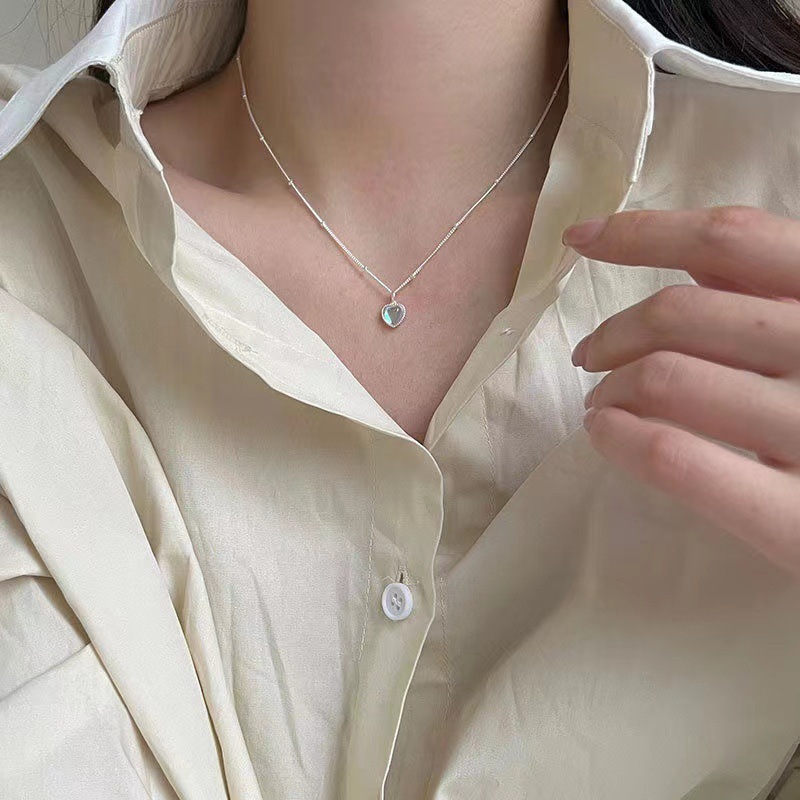 Gradient Colorful Stone Heart Clavicle Chain Women's Korean French Style Girlish Style Twin Moonstone Heart-Shaped Necklace Good Luck