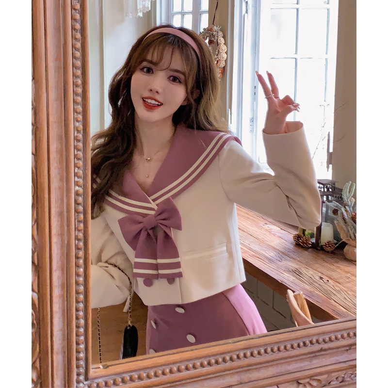 早春甜系穿搭洛丽塔jk制服学院风套装奶乖裙海军领水手服女连衣裙
