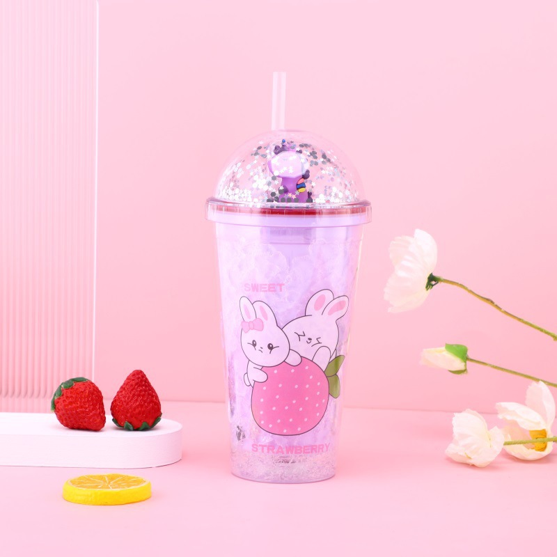 Cartoon Rabbit Bear Plastic Cup Student Creativity Portable Handy Cup Sealed Summer Micro Landscape Cup with Straw Wholesale