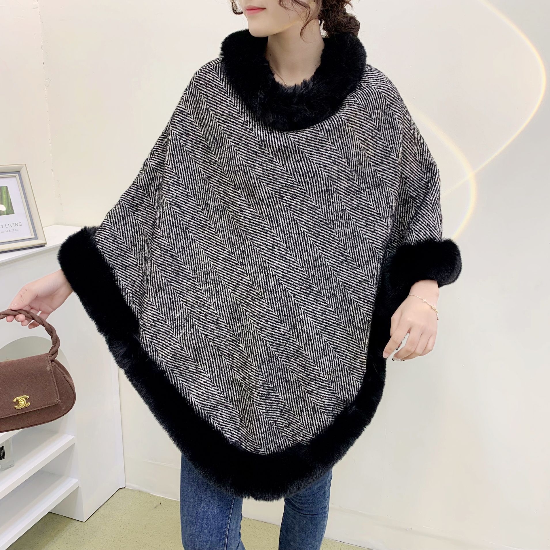 retro herringbone imitation rabbit fur stitching autumn warm single layer cloak women‘s spring and autumn new shawl processing customization