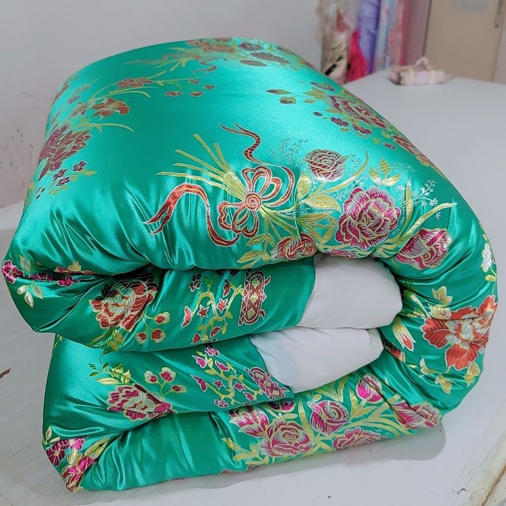 加厚双人织锦缎绸缎棉花被子老式包边手工绗缝纯14斤总重大红全花