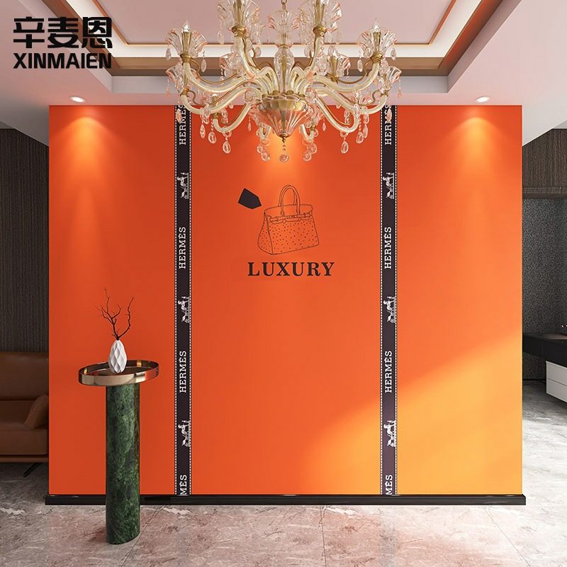 爱马仕橙色墙纸网红直播间背景墙壁纸北欧轻奢服装店客厅卧室墙布