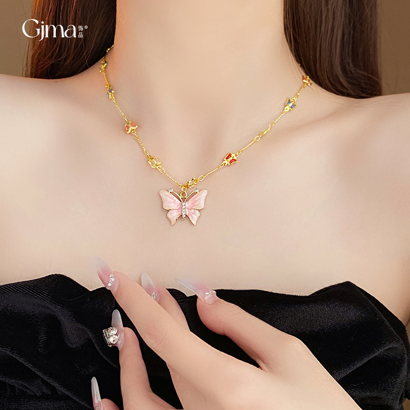 Sweet Light Luxury Zircon Diamond Drop Oil Butterfly Necklace Niche Personality Clavicle Chain All-Match High-Grade Necklace Wholesale