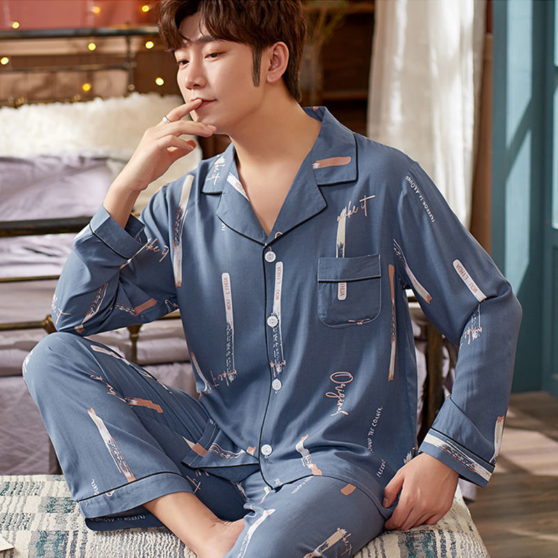 Men's Pajamas Long Sleeve Spring and Autumn Pajamas Men's Spring and Summer Thin Home Wear Youth Middle-Aged Pajamas a Set of Men's Solid Color Cotton